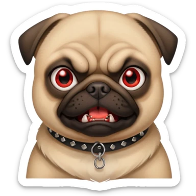angry pug emoji with intense red eyes, small fangs, black spiked collar, fierce and funny expression, 2D bright and clean style, comic touch sticker
