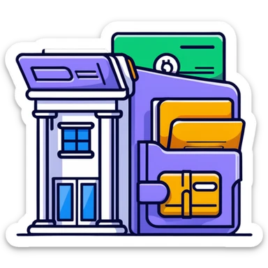 Closed folder icon with small symbols floating around: bank building, credit card, calculator, and document – organized financial archive sticker