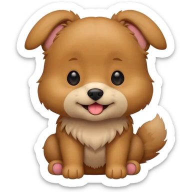 Cute small brown fluffy dog emoji icon. Round face, short muzzle, light brown fur with slightly darker ears, small black nose, happy smiling expression with tongue out. Soft friendly eyes, sitting pose with front paws together. Simple clean vector style, minimal details, kawaii style. sticker