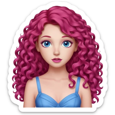 Chappell Roan long red curly hair, blue eyes, pink eyeshadow and lip, pink dress sticker