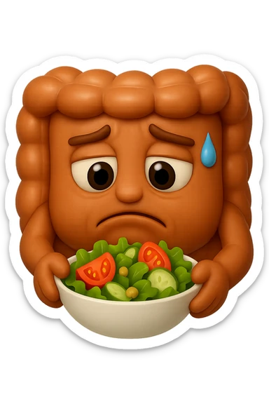 EMOJI STILE IPHONE DI UN INTESTINO UMANO ANATOMICO CHE GUARDA UN INSALATA CON ESPRESSIONE TRISTE E RASSEGNATA IN VOLTO: SOFFRE LA FAME PERCHé è A DIETA, FAGLI ANCHE LA PARTE BIANCA DEGLI OCCHI, NON SOLO LE PUPILLE, IPERREALISTICO 4K sticker
