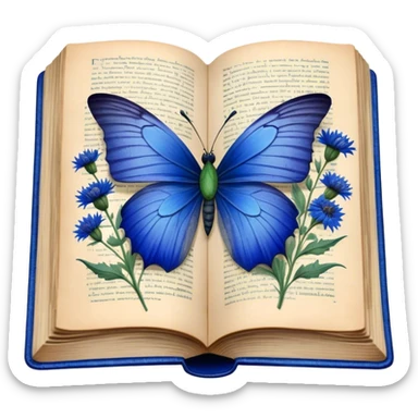 A vintage book with a worn blue cover, open to reveal pressed blue cornflowers and a resting green butterfly. sticker
