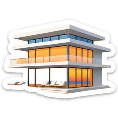contemporary modern villa, flat roof, big windows with yellow-orange sunset reflection sticker