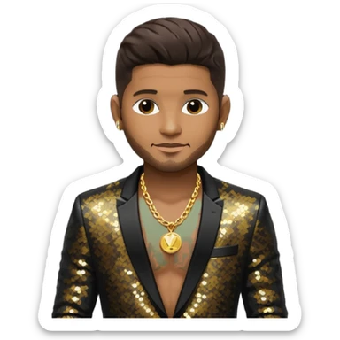 Usher with dark brown hair, black sequin suit jacket, shirtless with necklace sticker