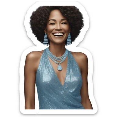smiling woman in blue sequin dress with david yurman aquamarine necklace and earrings sticker