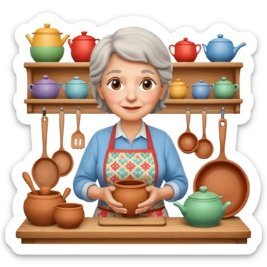 cartoon Apple iOS emoji style rural elderly woman, pastel colors, Chilean wooden kitchen background, clay pots, warm light, detailed and clean vector art sticker