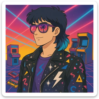80s retro-futurism male portrait with mullet haircut with neon blue tips, airbrushed sunglasses with pink-purple gradient and palm/sunset reflection, leather jacket with lightning, cosmic, and Memphis Design patterns, neon gradient background with perspective grid, laser beams, cassettes, arcade games, Commodore 64, MTV-era palette sticker