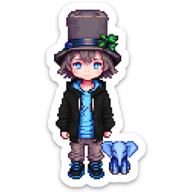 pixel art kid with blue eyes, hoodie containing an elephant, black shoes, and a top hat sticker