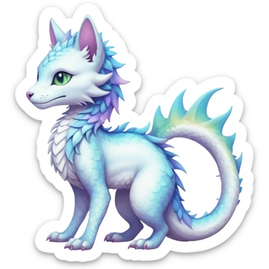 Kawaii white pastel iridescent beautiful pretty elegant divine edgy fantasy feline-vernid-sergal-Haku-dragon-fursona animal creature with a tufted tail full body with intricate markings  sticker