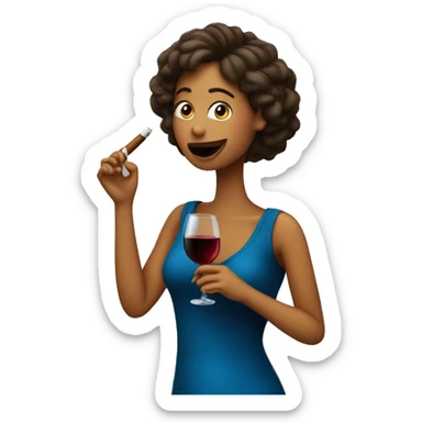 Una chica riéndose mucho con un cigarro y un vino sticker