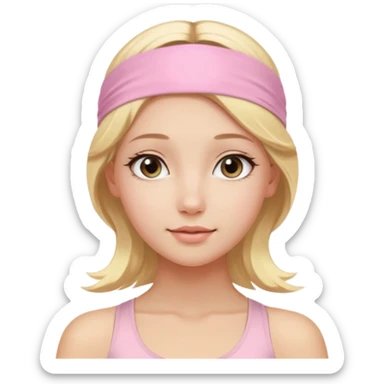 close-up of a beautiful angelic blonde girl's face, radiant and peaceful look, light pink yoga headband sticker
