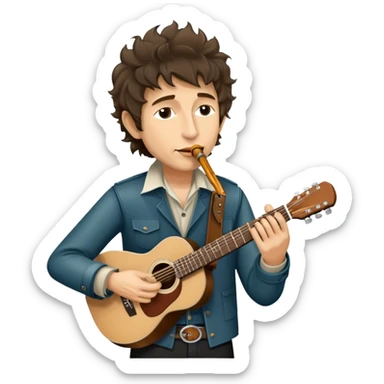 Icon for Folk Music: Bob Dylan with his harmonica and acoustic guitar, performing with his band on stage. The atmosphere should be intimate and nostalgic, capturing the soul of folk music with simple instruments and natural vibes. Transparent background. sticker