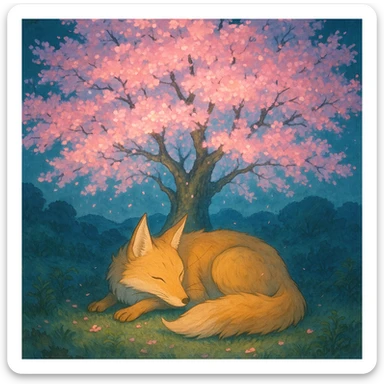 Fox spirit sleeping under a glowing sakura tree. sticker