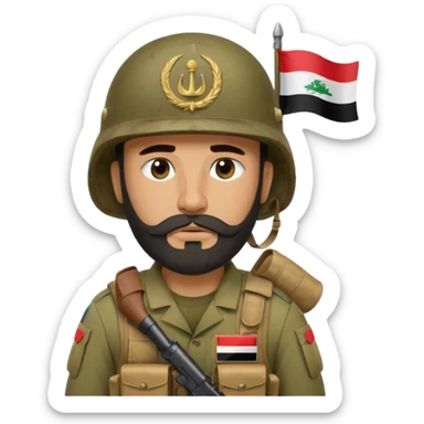 A very tired and sad, swarthy Iraqi soldier with a beard, an Iraqi flag on his helmet, a sad expression and bags under his eyes sticker