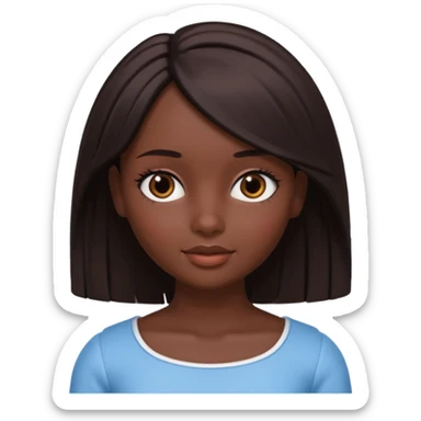 Boneca digital em estilo 3D realista e fofo, semelhante a uma boneca colecionável. Mulher jovem com pele negra, olhos castanhos escuros, cabelo liso cor chocolate, longo e bem alinhado.  sticker