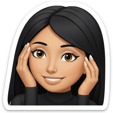 beautiful woman boss, with long straight black hair, with make up, black eye liner, smile, mexican, brown skin, wearing beautiful sexy black outfit, she’s posing her head in her hands shés shy sticker