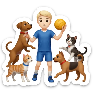 ragazzo basso  che gioca a pallamano circondato da cani e gattu sticker