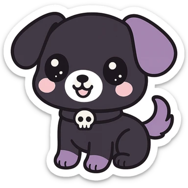 kawaii style gothic puppy, smiling face, black and purple fur, big eyes, tiny skull collar, fun and cute sticker