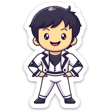 K-pop male idol with black hair, big smile, wearing stylish stage performance costume sticker