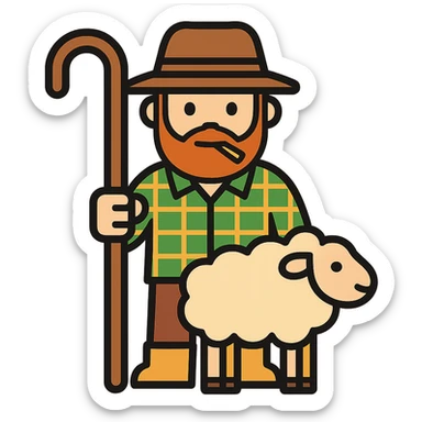 Make the shepherd wear a checkered shirt, brown pants, beige boots, and have a toothpick in his lips, maintaining the lineal color icon style with black outlines and transparent background. sticker