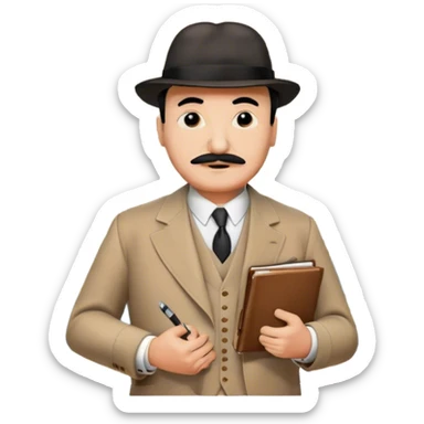 A cinematic-style frame showing Hercule Poirot in his iconic suit with a notebook in a dramatic detective pose. Background should be mysterious city, map, a board with photos of suspects, clues like fingerprints. Transparent background. sticker
