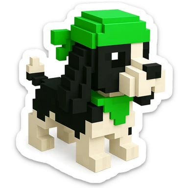A black and white Russian Cocker Spaniel puppy wearing a green durag, voxel style, facing right sticker
