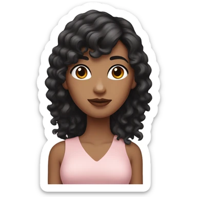 White woman with long black curly hair and bangs and dark brown eyes, wearing a pastel pink dress sticker