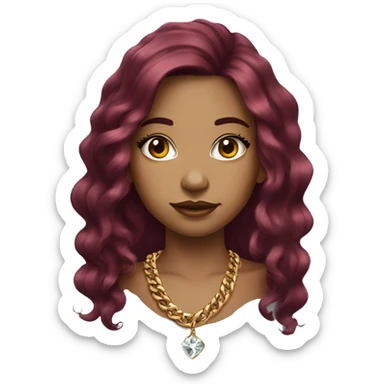 Girl with long burgundy hair, long eyelashes and has tattoos. She is wearing a gold chain necklace and diamond earrings  sticker