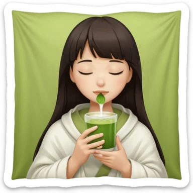 Dark brown hair with straight bang girl inside a white blanket sipping matcha eyes closed sticker