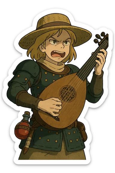 A female bard , blond hair, wearing brigandine armor with a sturdy straw hat, playing a fat medieval lute and singing, night time shadows, tool belt with red potion and bandages, portrait , mischievous grin, anger sticker