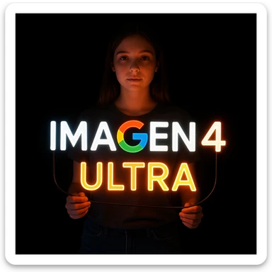 make a girl holding this sign, but sign in made of neon, also add ultra below the sign sticker