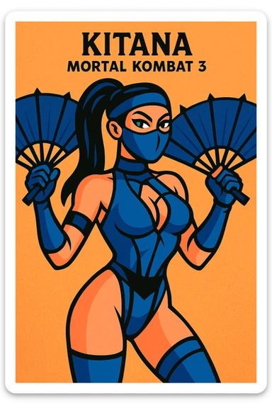 Kitana from Mortal Kombat 3, vibrant cartoon style, blue costume, mask, open fans, confident attitude sticker