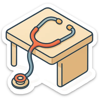 stethoscope partially hanging off a table, 2D isometric style, detailed drawing, detailed shadows and highlights, clean contours, soft lighting, transparent background sticker