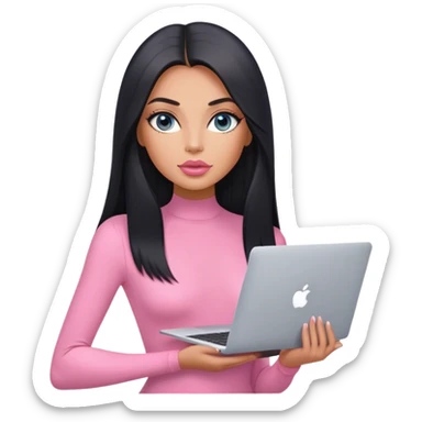 Glamours, tanned, very beautiful girl, with big pump peach-beige-rose lips, black straight smooth silky long hair, straight parting, blue-grey eyes, in pink bodysuit holding MacBook sticker