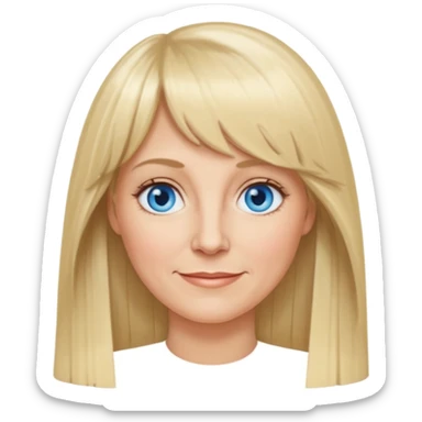 50 yr old white woman, curtain bangs, very long straight blond hair, oval face, small smile, blue eyes, thin face, hair down to elbows sticker