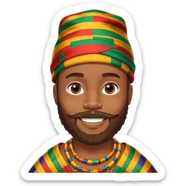 smiling boy with beard wearing a kente hat sticker