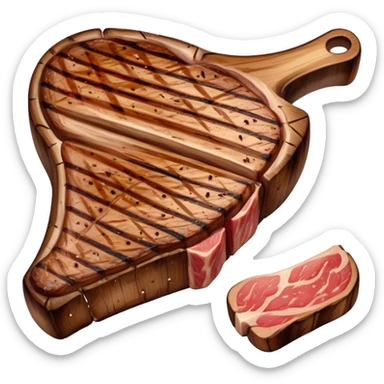 Cinematic thick-cut t-bone steak, perfectly seared with grill marks, a grilled center, rich and savory, warm glow, sizzling and mouthwatering, highly detailed and appetizing. sticker