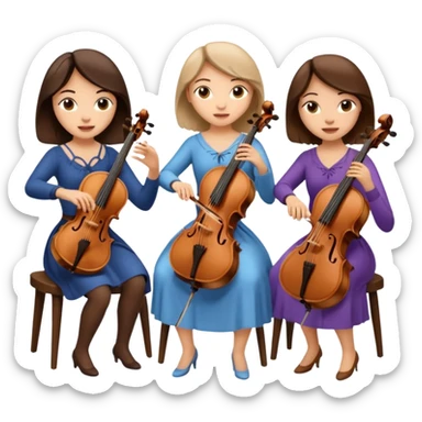 Create an imagine of three brunette women playing string instruments, the first is playing a cello, the second is playing a viola and the third is playing the violin sticker