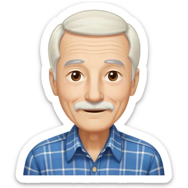 Elderly thin man with light skin. Elongated face with kind smile. Long straight white hair reaching down to chest, with some bangs. Light brown eyes. Thin eyebrows. White goatee and mustache. Very slim build. Wearing a blue and beige plaid shirt. sticker