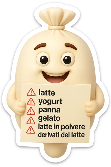 SU QUESTO STILE FAI UN EMOJI STILE IPHONE 3D DI UNa busta di mozzarelle con ETICHETTA CON GLI INGREDIENTI SCRITTI, "latte, yogurt, panna, gelato, latte in polvere, derivati del latte." accanto ad ogni nome scritto mettici un segnale di allarme, FALLO MOLTO REALISTICO IN 3D sticker