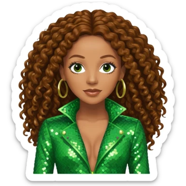 Mel B from Spice Girls with long brown curly hair, green sequin outfit sticker
