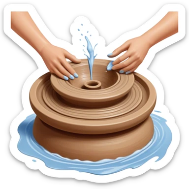 Cinematic Realistic image of a ceramic pottery wheel in action, with skilled hands shaping wet clay into a graceful form, featuring intricate details of swirling textures and gentle water splashes, illuminated by soft, artisanal lighting sticker