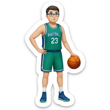 Full Body plus size white male with dark short hair basketball player wearing glasses wearing blue green uniform sticker