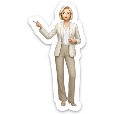 Full height Actively gesturing with hands pale skin woman with ash blonde Straightened bob Hair, White Spacious classical jacket, beige palazzo Arrow pants and gray blouse sticker