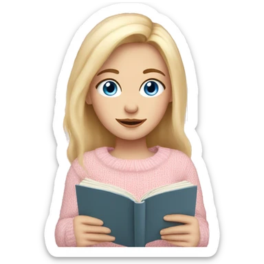Pretty blue eyed white girl with light pink sweater reading cozy sticker