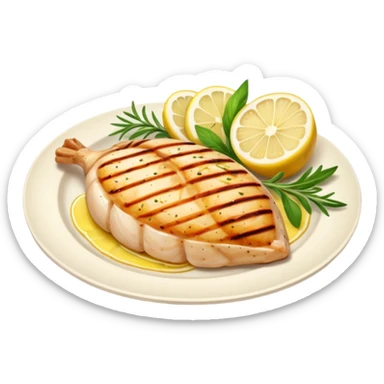Draw a grilled chicken breast on a plate with herbs & lemon slices. sticker