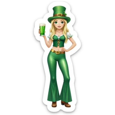 Blonde haired pretty woman with freckles glittery green bell bottoms and tall leprechaun hat holding a green beer sticker