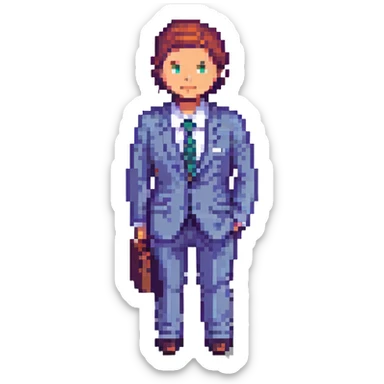 a business man turning his body, pixel art style, suit and tie sticker