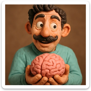 Enhance the claymation man holding a brain by adding more depth and dimension to the image. Make him more attractive and quirky, inspired by the first version, with dark curly hair, thick mustache, light skin, freckles, more movement, claymation style, visible fingerprints, and pastel colors. sticker