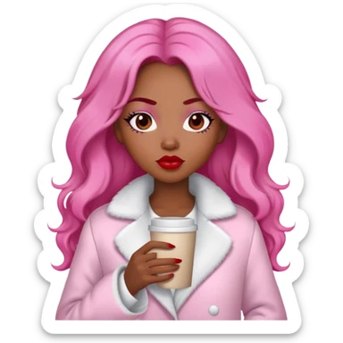 A black woman with a coat white a pijama pink, long Burnet Hair, coffe eyes, red lips  sticker